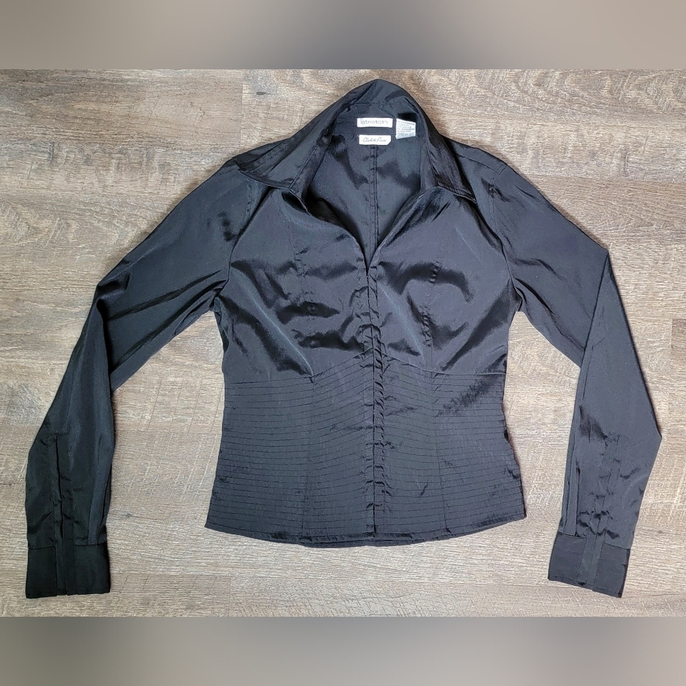 Y2K Vintage Charlotte Russe Faux Corset Long-sleeve Blouse Womens M Black Stretc - Picture 6 of 13